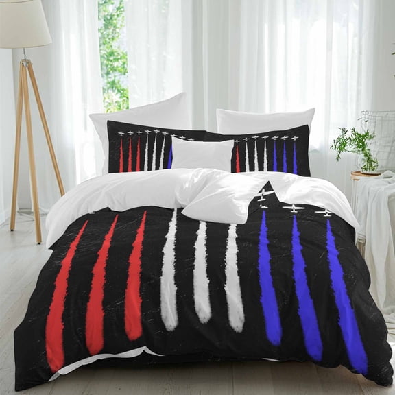 Independence Day Comforter Set Queen Size, Airplane Aircraft Retro USA Flag Soft Bedding Set for Man Woman, 4 Pieces Duvet Cover Set with Fitted Sheet, 2 Pillowcases