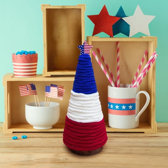 Independence Day Cone Ornament, Star Stripe Tabletop Decor, Patriotic Rope Wood Display for Home Party