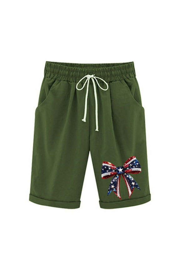 Independence Day Cotton Linen Bermuda Shorts for Women High Waisted Drawstring Knee Length for 4th of July Patriotic Outfits Lightweight Breathable Summer Party Shorts