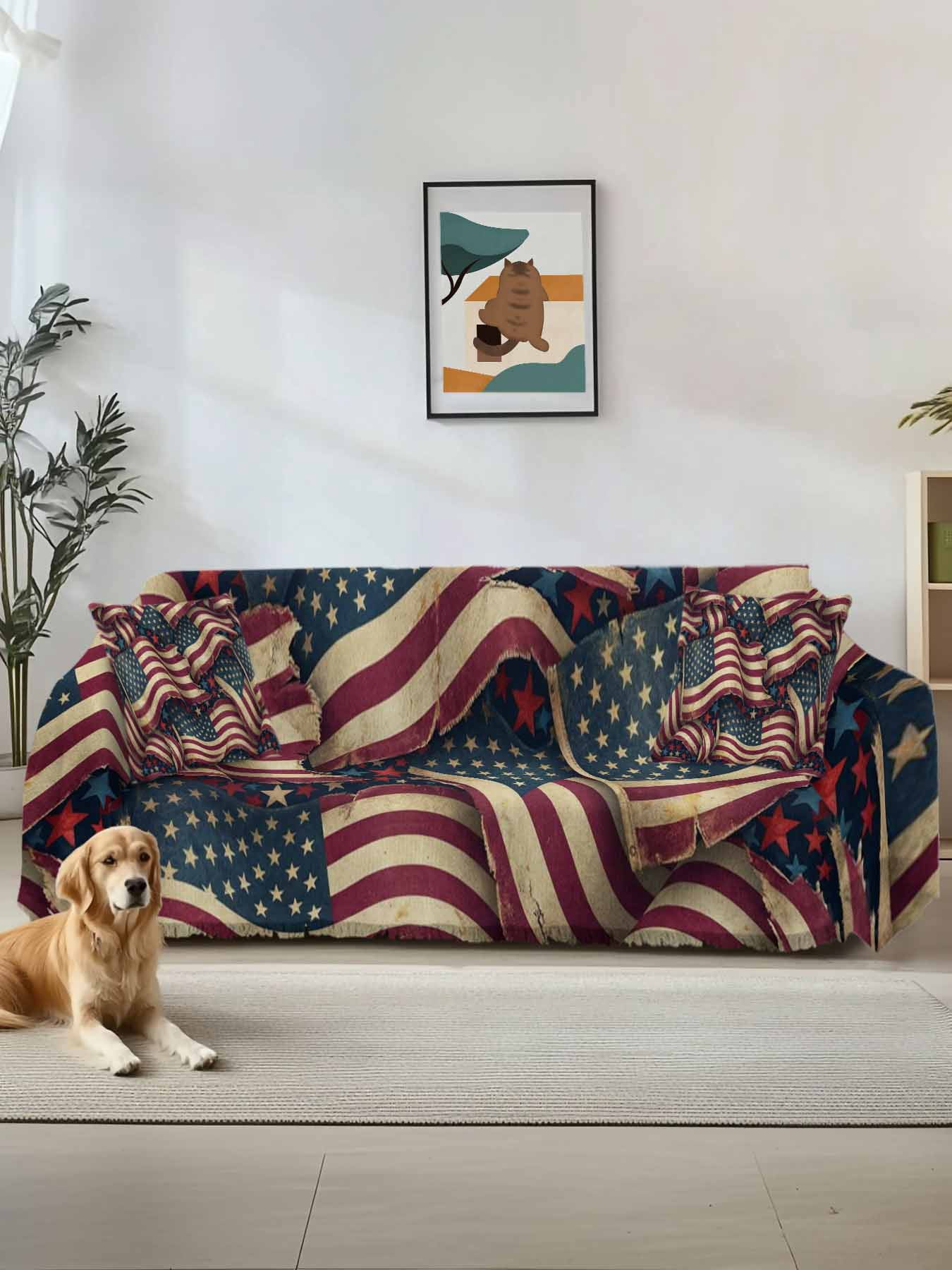 Independence Day Couch Cover, Red Blue USA Flag Retro Patriotic Stars Stripes Sofa Cover Blanket for 3 Cushion Couch, Sectional Sofa Slipcover Furniture Protector for Living Room Bedroom 71''x134''