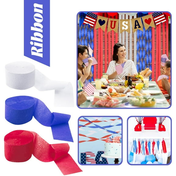 Independence Day Crepe Paper Streamers 3-Pack, 72-Foot Red White and Blue Patriotic Paper Rolls for 4th of July Party Decorations 250th Anniversary C#045 Multicolor