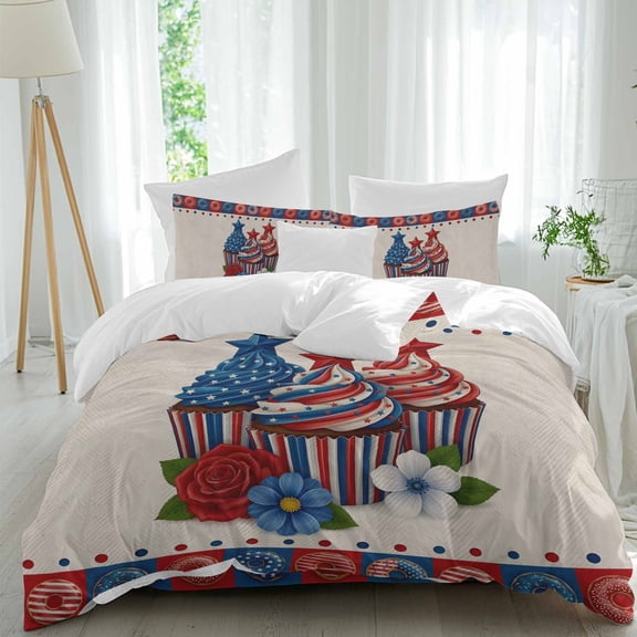Independence Day Cupcakes Comforter Set California King Size, Vintage Red Blue White Star Rose Flower Soft Bedding Set for Man Woman, 4 Pieces Duvet Cover Set with Fitted Sheet, 2 Pillowcases