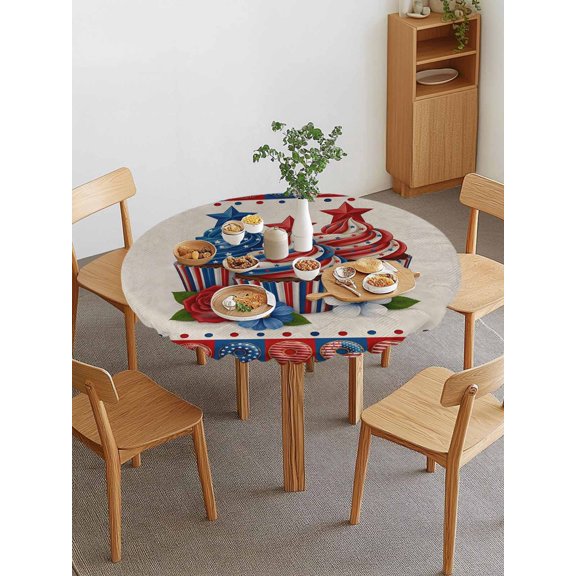 Independence Day Cupcakes Round Fitted Tablecloth with Elastic Edge, Vintage Red Blue White Star Rose Flower Waterproof Stretch Table Covers for 45"-54" Tables Wipeable Table Cloth for Outdoor