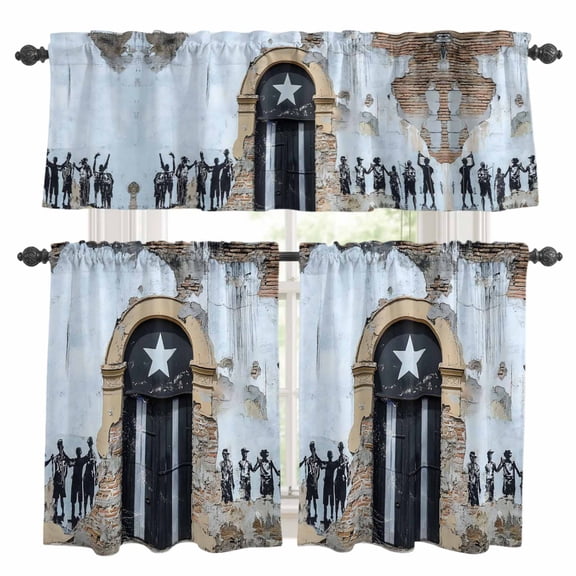 Independence Day Curtain Valances Set Shabby Puerto Rico Flag Rustic Mottled Door Wall Kitchen Curtains 24&nbsp;inch Length Rod Pocket Valance and Tiers 3 Piece Set Bedroom Bathroom Laundry Decor