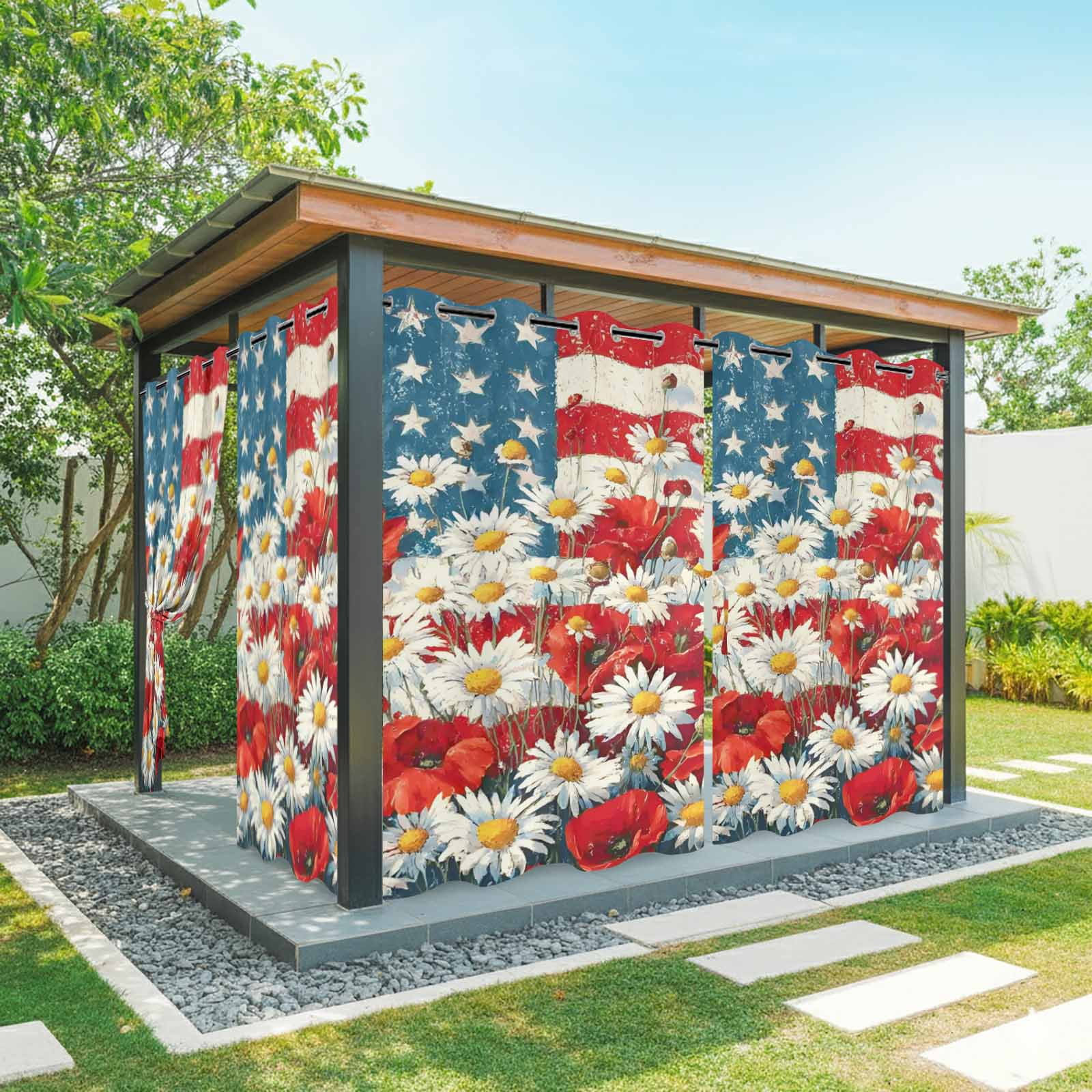 Independence Day Daisy Outdoor Curtains for Patio, Vintage Red Blue Stripe U.S. Flag Flower Leaf Sunshade Privacy Drapes Grommet Waterproof Outside Curtains for Porch/Cabana/Balcony 54"x108", 1 Panel