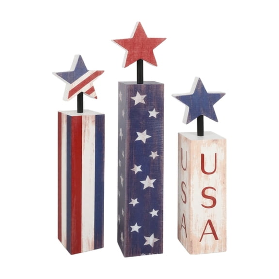 Independence Day Decor, 3 Pack Wooden Star Spangled Banner Ornament, Patriotic Flag Theme Decorative Column, USA Holiday Party Home Outdoor Decoration, Red White Blue Wood Craft