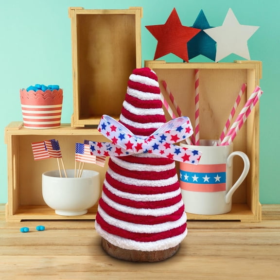 Independence Day Decor Patriotic Cone Ornament Red White Blue Star Stripe Pattern with Wooden Base and Rope for Tabletop Centerpiece Shelf Mantel, Memorial Day Patriotic Decor