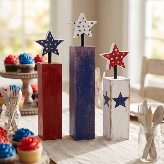 Independence Day Decoration,Wooden Festival Table Decor Set Distressed Solid Wood Desktop Ornament Stable Standing Holiday Atmosphere Prop Compact Size Indoor Scene Layout Piece For Family Gathering