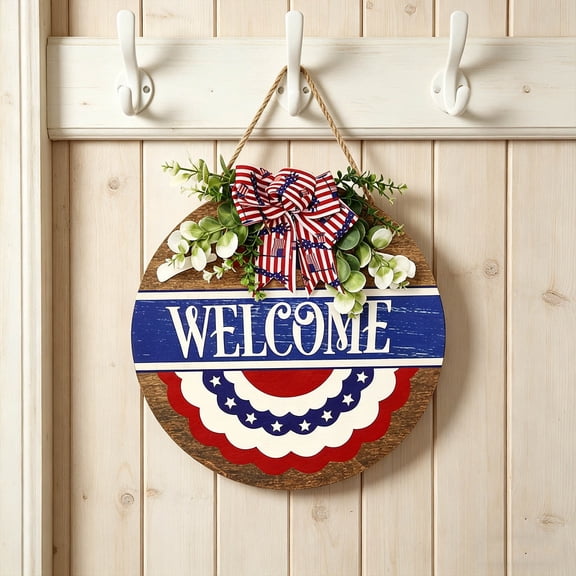 Independence Day Decorations, 4th Of July Hanging Piece, Patriotic Wreaths For Front Door, Set Of 8 Multicolor Round Wooden Gnome Ornaments