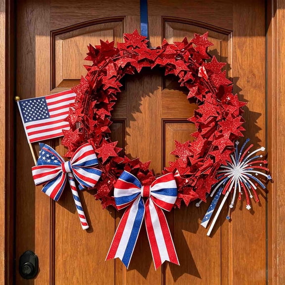 Independence Day Decorations, Patriotic Wreath, Star-Themed Garland, Red White and Blue Rattan Wires, Weather-Resistive Plastic, Indoor and Outdoor Use