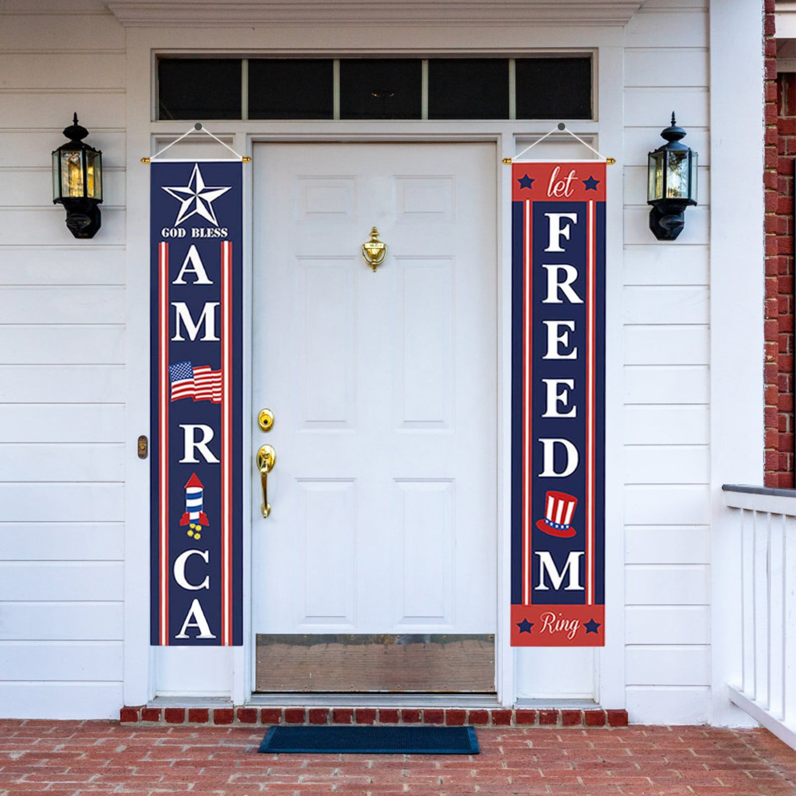 Red White Blue Independence Day Patriotic Vertical Banner Set for Doorway Porch Entryway Decor with Letter Print and Hanging Rope for Home Party Display
