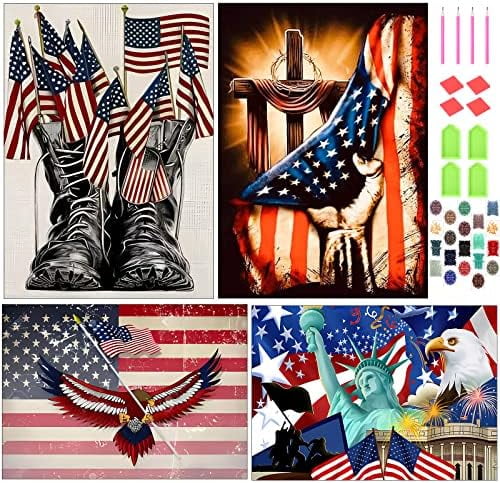 Independence Day Diamond Painting Kits for Boys 4 Pack 5D Military Diamond Art Patriotic Drill DIY American Flag Diamond Painting for Adults Home Wall Holiday Craft Decor, 12 x 16 Inches