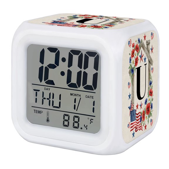 Independence Day Digital Alarm Clock for Bedrooms,Smart LED Alarm Clock with 7 Color Changing Night Light,Letter U Monogram USA Star Stripes Flag Silent Wake Up Clocks for Sleep Study 3.2"x3.2"