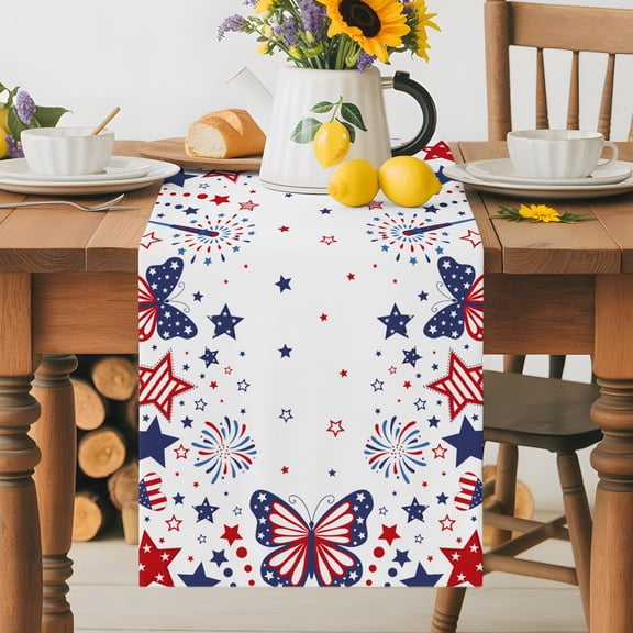 Independence Day Dining Table Runner, American Flag Butterflies White Washable Table Runners Kitchen Coffee Table Center Decor for Home Party Holiday Wedding 13 x 90 Inches
