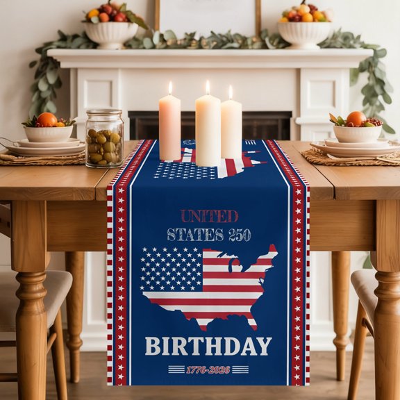 Independence Day Dining Table Runner, Vintage Red Blue USA Map Navy Blue Washable Table Runners Kitchen Coffee Table Center Decor for Home Party Holiday Wedding 13 x 36 Inches