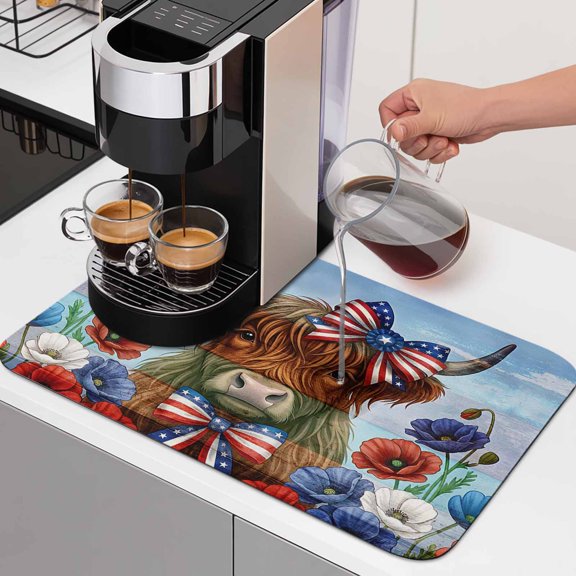 Independence Day Dish Drying Mats for Kitchen Counter, Bow Highland Cattle Red Blue Flower Country Stripes Absorbent Coffee Bar Mat with Non-slip Rubber Backed Quick Drying Dish Rack Pad 16"x18"