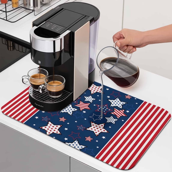 Independence Day Dish Drying Mats for Kitchen Counter, Red Stripes Star Polka Dots Absorbent Coffee Bar Mat with Non-slip Rubber Backed Quick Drying Dish Rack Pad 12"x16"