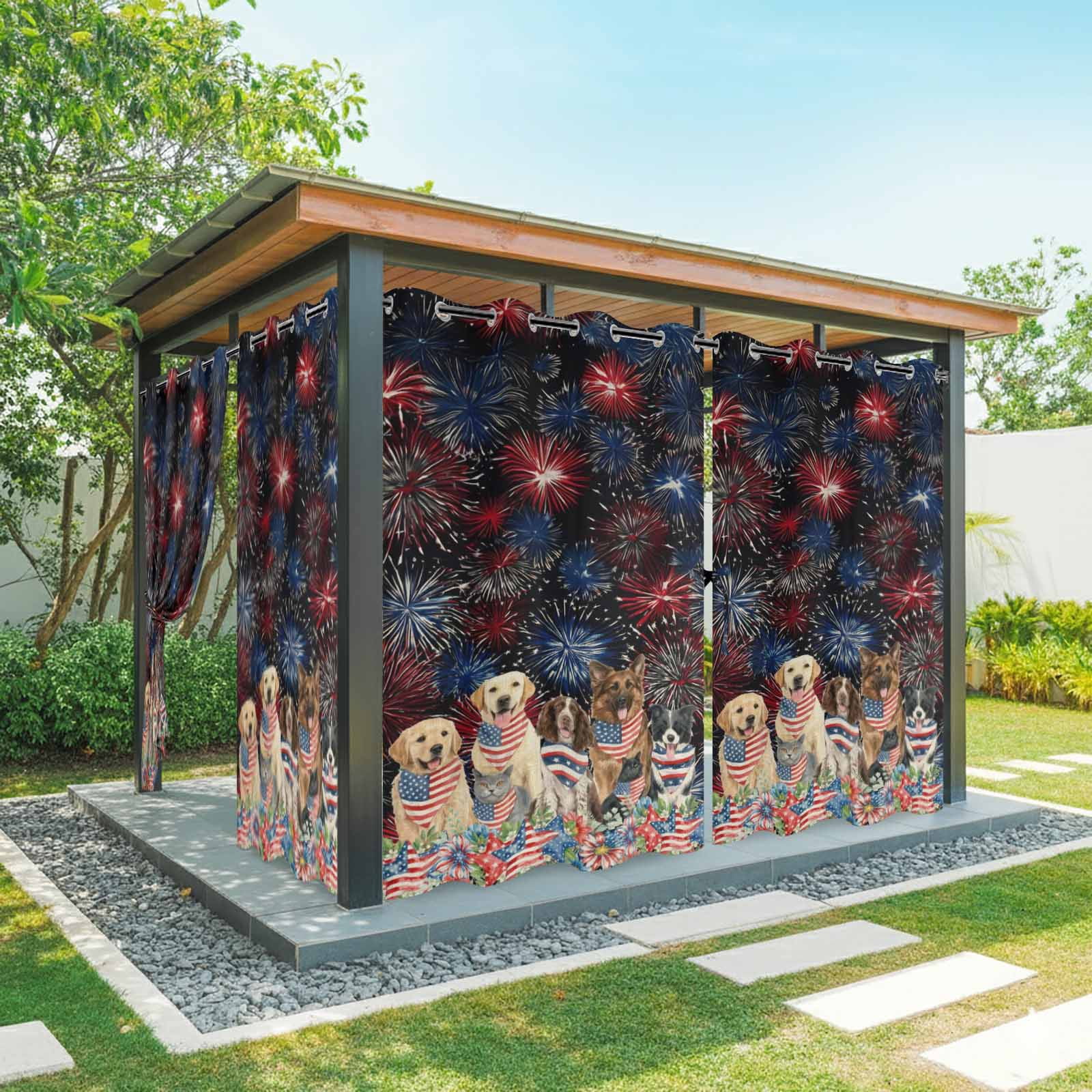 Independence Day Dog Cat Outdoor Curtains for Patio, Watercolor Red Blue Stripe Star Flag Firework Sunshade Privacy Drapes Grommet Waterproof Outside Curtains for Porch Balcony 54"x108", 1 Panel