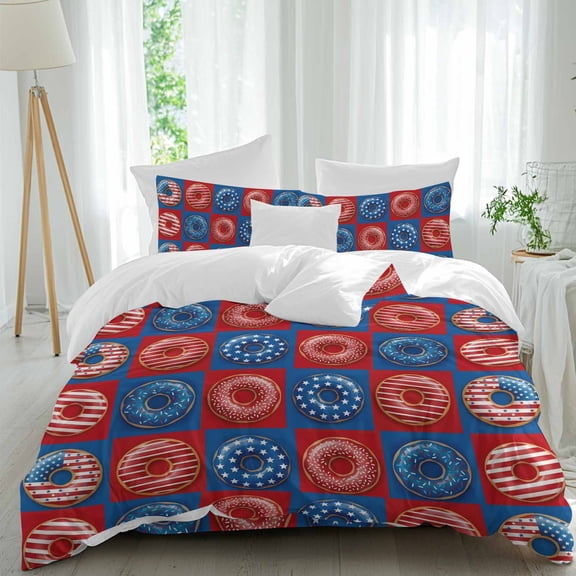 Independence Day Donuts Comforter Set Queen Size, Patriotic Red Blue Stripe Star Donuts Plaid Soft Bedding Set for Man Woman, 4 Pieces Duvet Cover Set with Fitted Sheet, 2 Pillowcases
