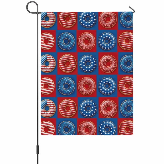 Independence Day Donuts House Flags For Outdoor, Patriotic Red Blue Stripe Star Donuts Plaid Small Double Side Yard Flags Weather Proof House Decor for Lawn Outside Holiday 28 x 40 Inches