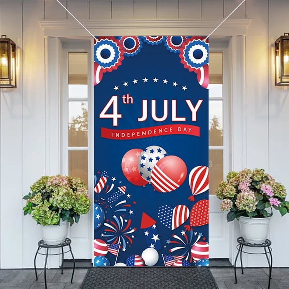 Independence Day Door Cover, 35.4 x 70.8 Inch Patriotic Happy 4th of July Front Door Banner Memorial Day Backdrop Photography Background for Outdoor/Indoor Party Supplies(Backyard Party)