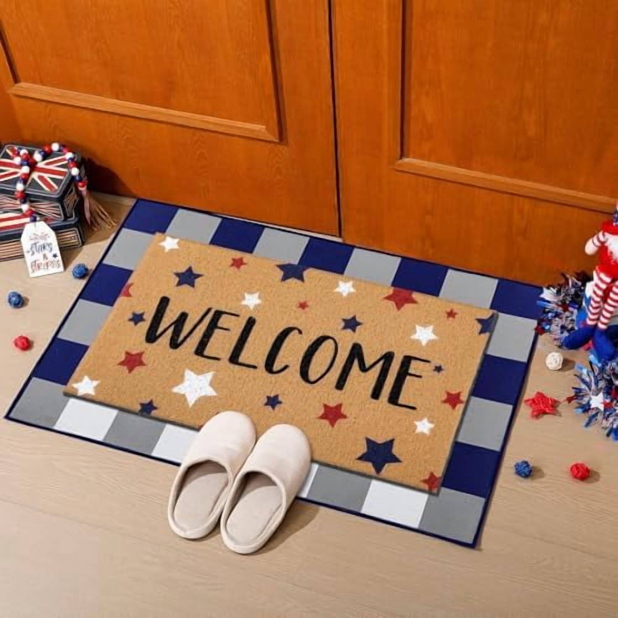 Independence Day Door Mat Welcome Outdoor Non Slip Mats Floor Layering Doormats Rugs Seasonal for Front Porch Entryway Decor 17x30 Inch.
