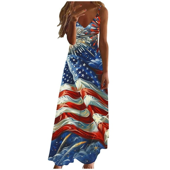 Independence Day Dresses for Womens American Flag Print Sundress Spaghetti Strap Dresses A-Line Loose Fit Sun-Dress 2025 Summer Beach Vacation Sun-Dress