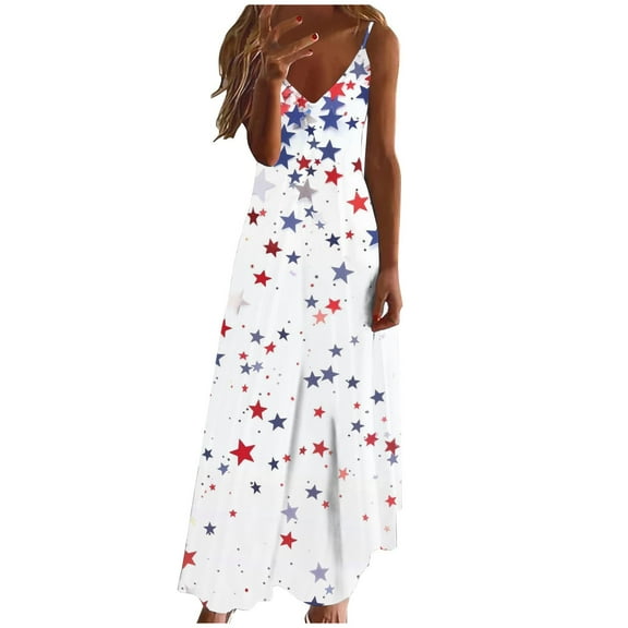 Independence Day Dresses for Womens American Flag Print Sundress Spaghetti Strap Dresses A-Line Loose Fit Sun-Dress 2025 Summer Beach Vacation Sun-Dress