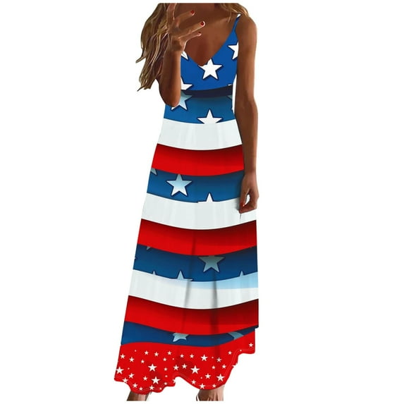 Independence Day Dresses for Womens American Flag Print Sundress Spaghetti Strap Dresses A-Line Loose Fit Sun-Dress 2025 Summer Beach Vacation Sun-Dress