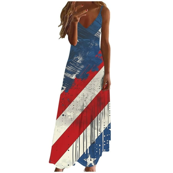 Independence Day Dresses for Womens American Flag Print Sundress Spaghetti Strap Dresses A-Line Loose Fit Sun-Dress 2025 Summer Beach Vacation Sun-Dress