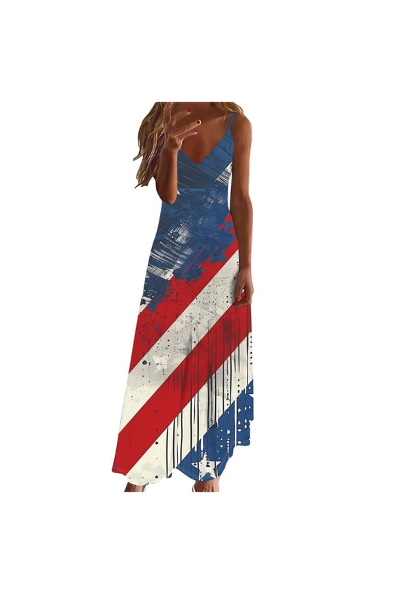 Independence Day Dresses for Womens American Flag Print Sundress Spaghetti Strap Dresses A-Line Loose Fit Sun-Dress 2025 Summer Beach Vacation Sun-Dress
