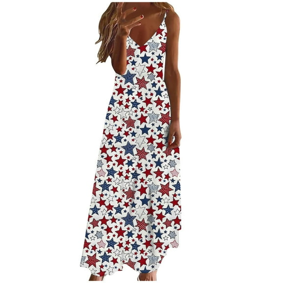 Independence Day Dresses for Womens American Flag Print Sundress Spaghetti Strap Dresses A-Line Loose Fit Sun-Dress 2025 Summer Beach Vacation Sun-Dress