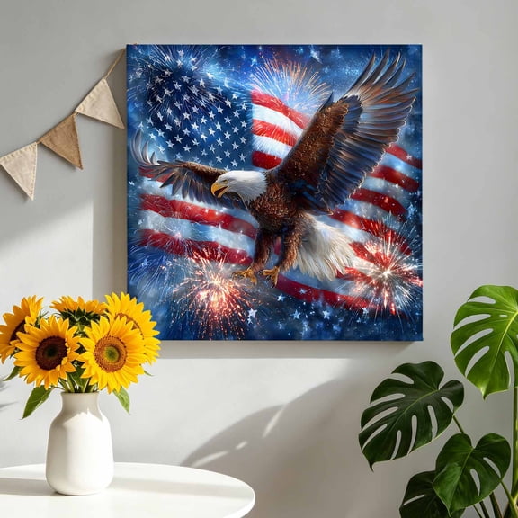 Independence Day Eagle Canvas Wall Art Framed Wall Decor for Living Room Bedroom Bathroom, Patriotic Red Blue Star American Flag Firework Canvas Pictures Ready to Hang Decor, 8"x8"