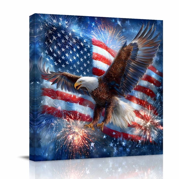 Independence Day Eagle Canvas Wall Art for Living Room, Patriotic Red Blue Star American Flag Firework Wall Decor Framed Artwork Pictures Ready to Hang for Bedroom Office Home Decor