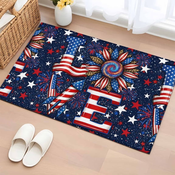 Independence Day Entryway Rug 2'x3' Abstract American Flag Love Sunflower Star Sky Small Area Rug Non-Slip Front Door Mat Washable Floor Carpet for Indoor Entrance Kitchen Bathroom