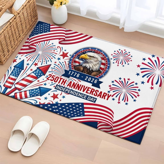 Independence Day Entryway Rug 2'x3' U. S. Flag Cartoon Firework Bald Eagle Face Small Area Rug Non-Slip Front Door Mat Washable Floor Carpet for Indoor Entrance Kitchen Bathroom