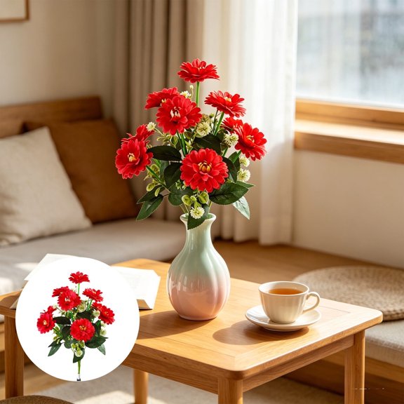 Independence Day Fake Flower Bouquet - Artificial Gerbera Chrysanthemum Feverfew Spray • Handmade Silk Fabric • Realistic Multi Bloom Decor for Table, Living Room, Party