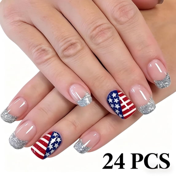 Independence Day Fake Nails Set, Red White Blue Star Pattern Nail Tips, Shiny Glitter Diamond Decoration, 24PCS Detachable Wearable Nails for National Day Celebration,B