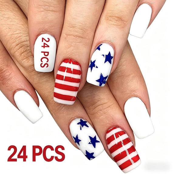 Independence Day Fake Nails Set, Red White Blue Star Pattern Nail Tips, Shiny Glitter Diamond Decoration, 24PCS Detachable Wearable Nails for National Day Celebration,C