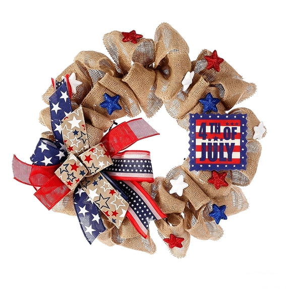 Patriotic Day, Memorial Day American Flag Color Burlap Mesh Wreath for Front Door Independence Day 4th of July Wreath for Indoor and Outdoor (16inch)