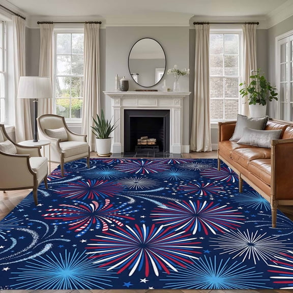 Independence Day Firework 8'x10' Large Area Rugs Patriotic Red Blue Firework Dark Blue Washable Area Rugs Non-Slip Indoor Floor Mats Large Carpet for Living Room Bedroom Dining Room