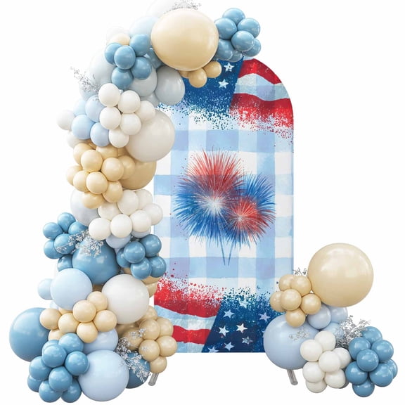 Independence Day Firework Arch Backdrop Cover, 5FT, 4th of July American Flag Blue Plaid Spandex Arch Covers Double-Sided Backdrop for Wedding Birthday Party Photo Background Decoration