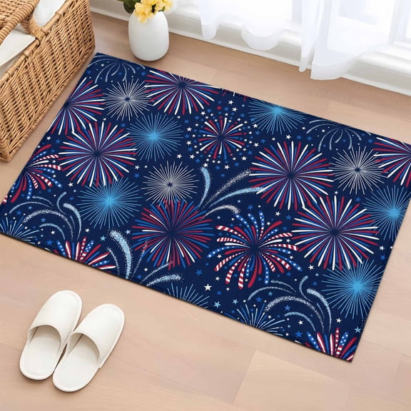 Independence Day Firework Entryway Rug 2'x3' Patriotic Red Blue Firework Dark Blue Small Area Rug Non-Slip Front Door Mat Washable Floor Carpet for Indoor Entrance Kitchen Bathroom