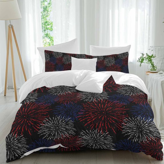 Independence Day Firework Full Size Comforter Set, Black Night Red Blue White Fireworks Sky Bedding for All Seasons, 4 Pcs Bed Set, 1Quiltcover (86"x86") ,1Sheet(80"x116"), 2Pillowcases (30"x20")