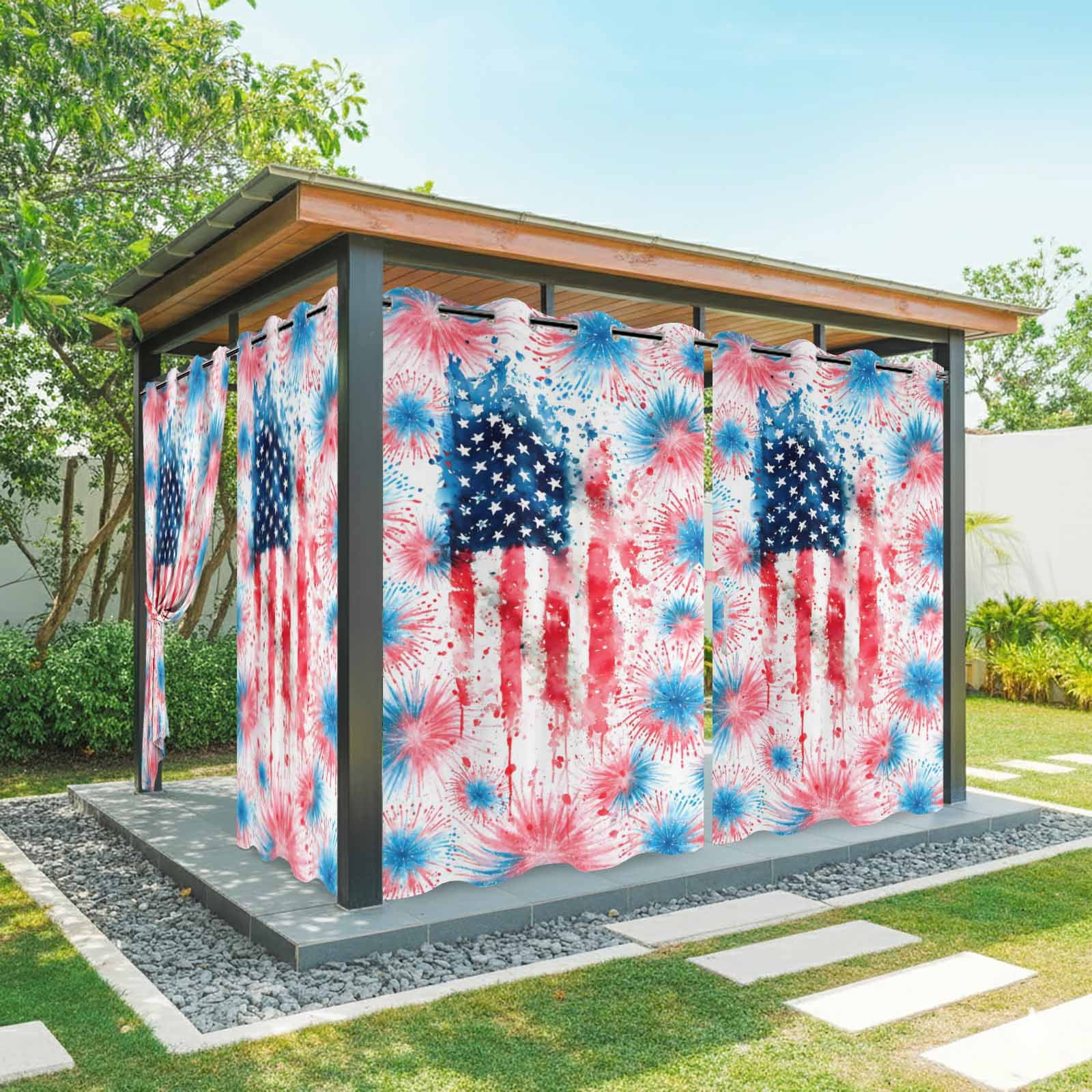Independence Day Firework Outdoor Curtains for Patio, Abstract American Flag Red Blue Star Sunshade Privacy Drapes Grommet Waterproof Outside Curtains for Porch/Cabana/Balcony 54"x 108", 1 Panel
