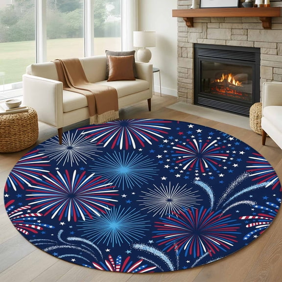 Independence Day Firework Round Rugs for Living Room 7ft Patriotic Red Blue Firework Dark Blue Non Slip Circle Rug Washable Low-Profile Indoor Carpet for Bedroom, Dining Room, Bathroom