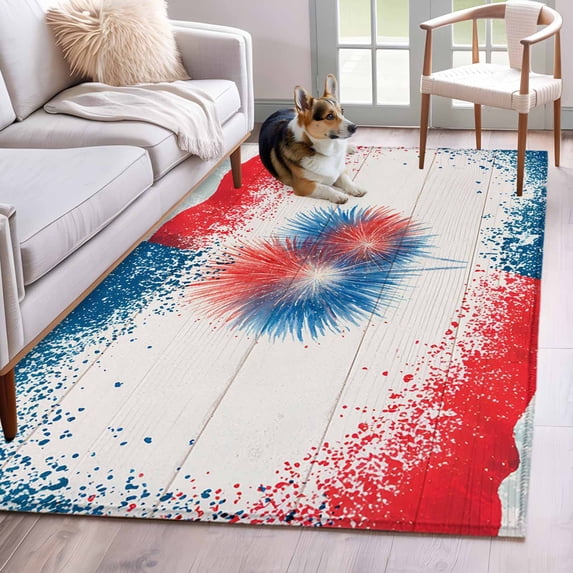 Independence Day Firework Washable Area Rug 2.7 x 5 ft 4th of July Red Blue American Flag Wood Grain, Soft Non Slip Rugs Stain Repellent Indoor Felt Carpet for Living Dining Room Bedroom Home Office