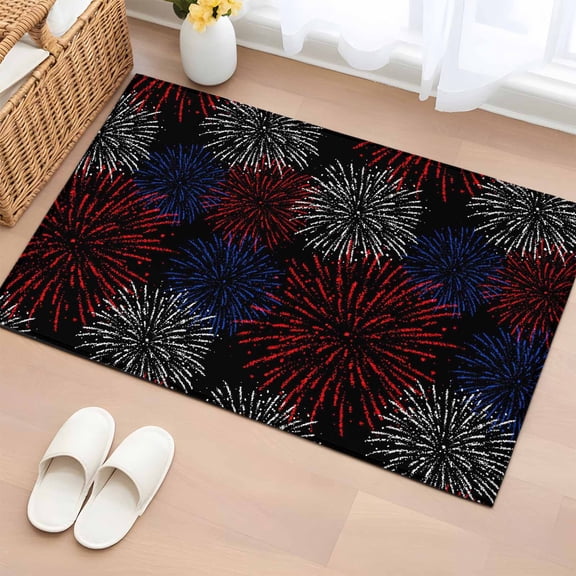 Independence Day Firework Washable Area Rug 2 x 3 ft Black Night Red Blue White Fireworks Sky, Soft Non Slip Rugs Stain Repellent Indoor Felt Carpet for Living Dining Room Bedroom Home Office