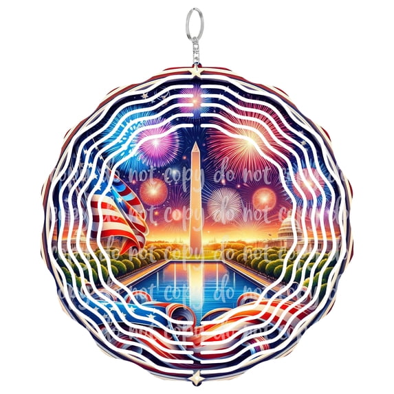 Independence Day Fireworks Wind Spinner Metal Outdoor Decor Patriotic Red White Blue