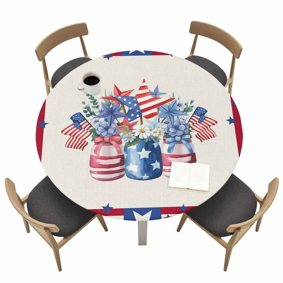 Independence Day Fitted Tablecloth with Elastic Edged, Round Table Cloth for Dining Table, Red Blue Flowers Patriotic Star Stripes Waterproof Oil Proof Table Cover for Indoor Outdoor 55"-60"